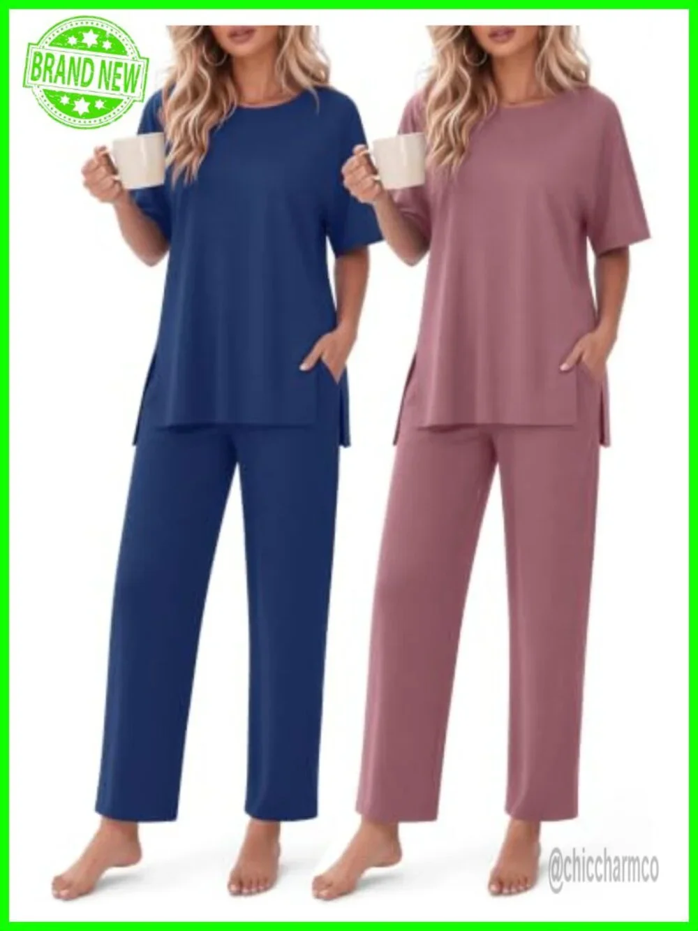 Women's Lounge Set Short Sleeve Top Long Pants 2 Piece Outfit with Pockets